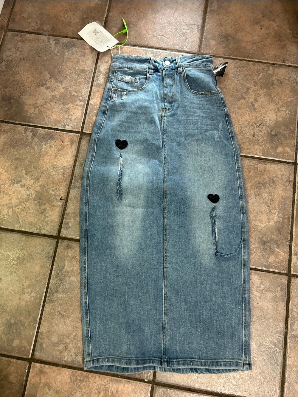 Alexander Wang Light Blue Denim Straight Skirt with Black Heart Details